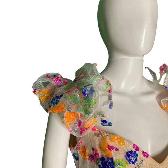 NWT Mac Duggal 68068 White Multi Embellished Ruffle Sleeve Gown - Sz 8 - Picture 5 of 11